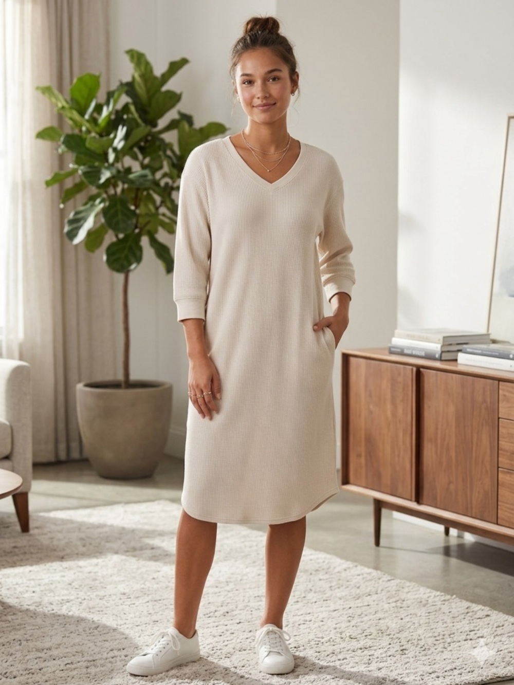 Uniqlo Cream V‑Neck Long Sleeve Midi Dress